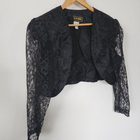 Vintage Cropped Lace Black Blazer Formal Goth 80s 90s Large - Picture 3 of 7